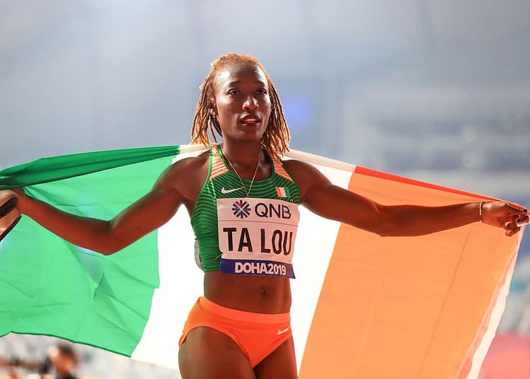 Ivory Coast's Marie-Josee Ta Lou celebrates winning the bronze medal at the 100 Metres Women's Final during day three of the IAAF World Championships at The Khalifa International Stadium, Doha, Qatar. ..Photo by Icon Sport - Marie-Josee TA LOU - Khalifa International Stadium - Doha (Qatar)