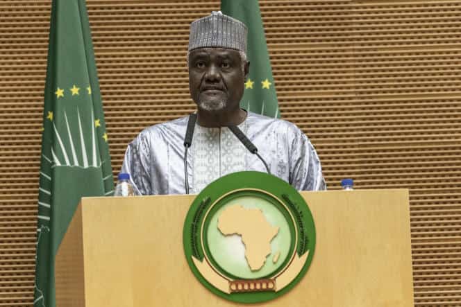 Moussa Faki Mahamat, Chairperson of the African Union Commission (AUC), delivers a speech during the 60th anniversary of the Organization of African Unity (OAU), currently African Union (AU), at the African Union headquarters in Addis Ababa on May 25, 2023. (Photo by Amanuel Sileshi / AFP)