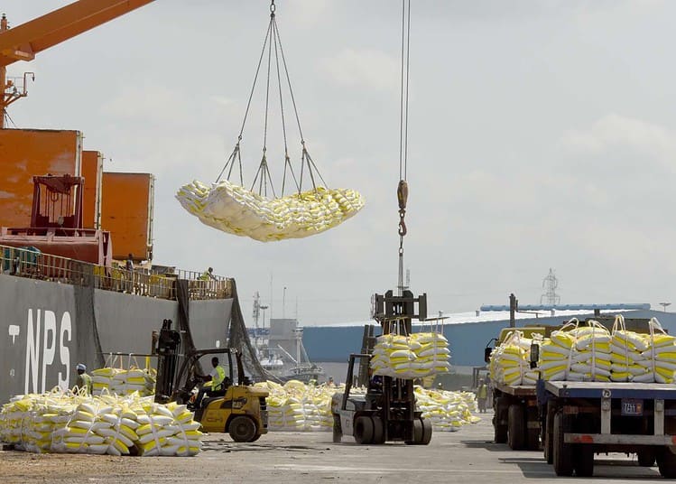 Des travailleurs déchargent des sacs de riz transportés par un navire en provenance d'Asie le 27 mars 2019 dans le port d'Abidjan. (Photo d'ISSOUF SANOGO / AFP)